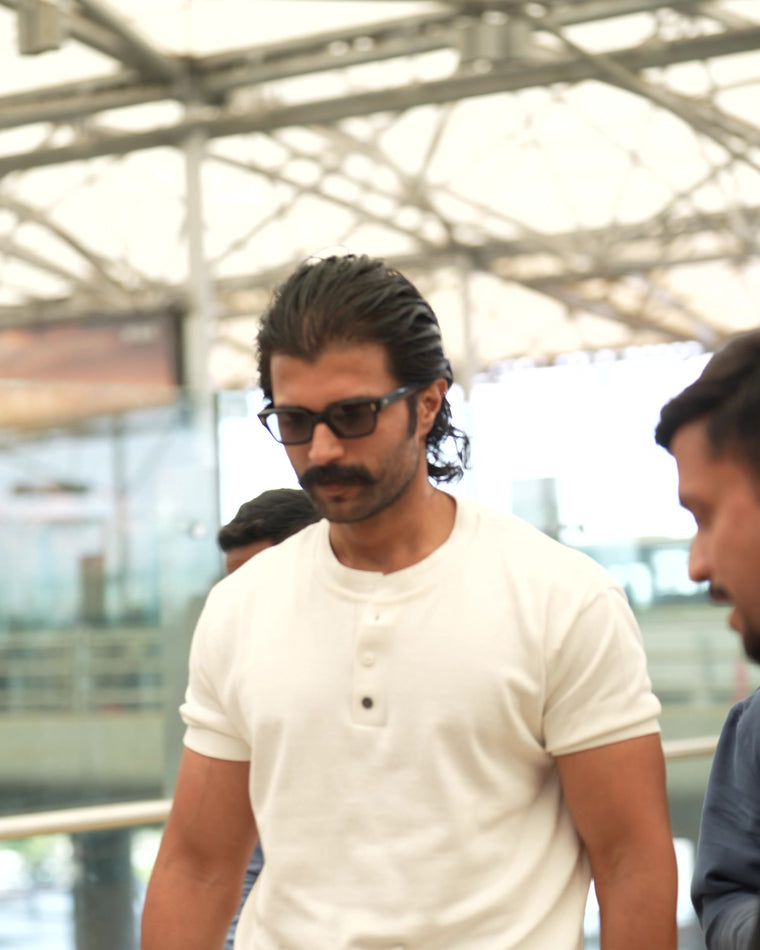 Vijay Deverakonda at the airport in the RWDY Grain Henley Tee, Chalk